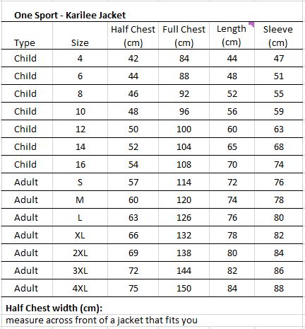 Karilee Jacket Size Chart